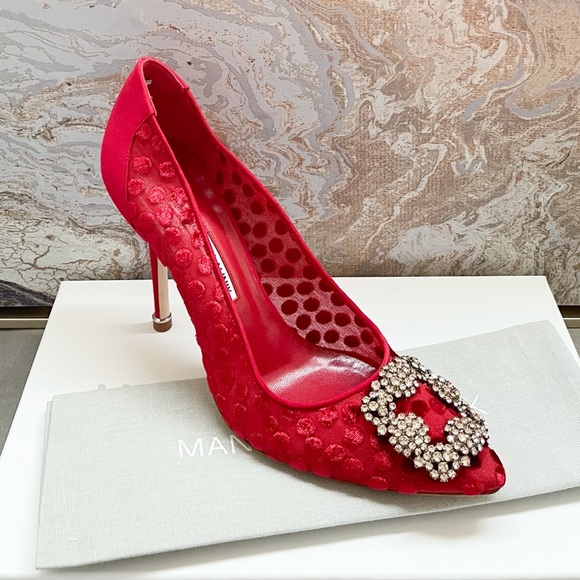 New! Manolo Blahnik Hangisi Red Jewel Buckle Pumps - Picture 11 of 11